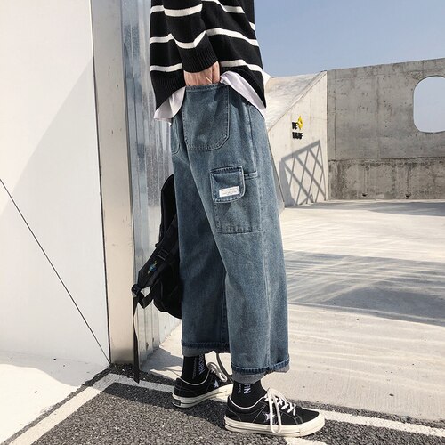Jeans herr vida benfickor solid dragkedja plus storlek 3xl ankellång herr harajuku trendiga streetwear ulzzang par löst chic: Blå / Xl