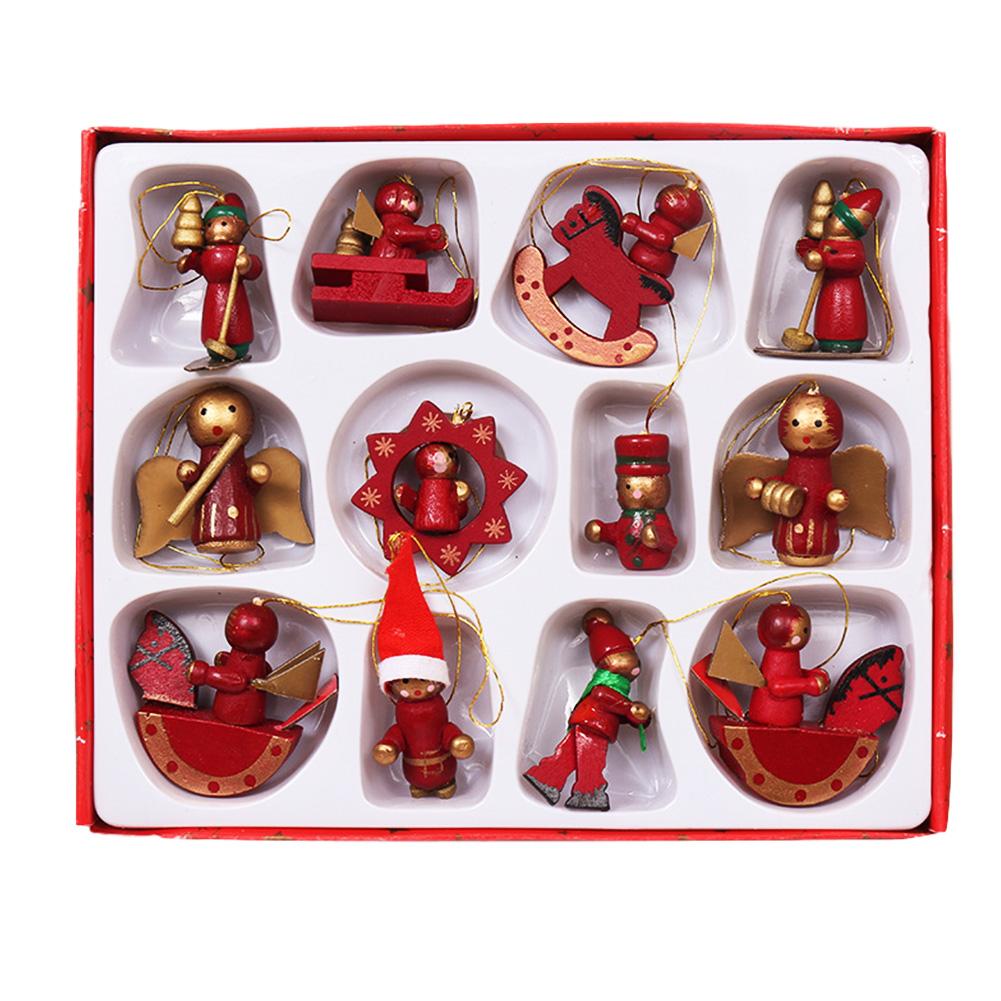 12pcs /set Year Christmas Tree Hanging Christmas Wooden Ornaments Miniature Ornaments For Home Mall Decor