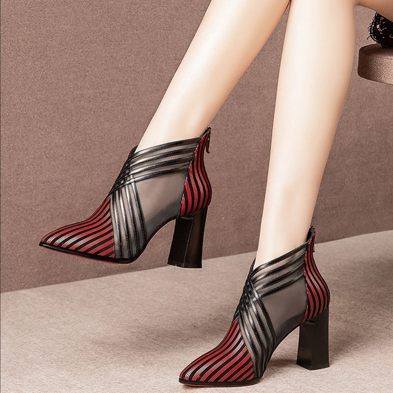 Femmes talon bottines femme rouge bottes pour femmes Zip chaussures maille femme talons hauts bout pointu chaussures