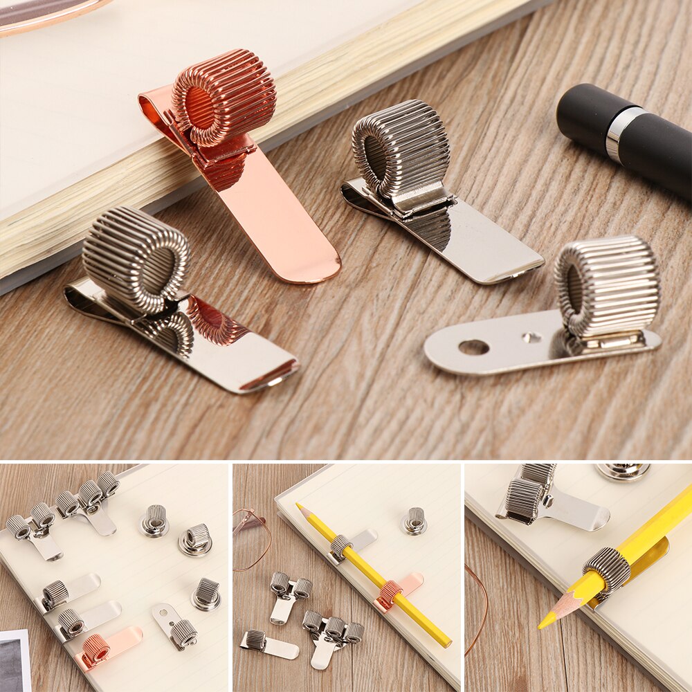 Portable Spring Pen Clip Single Hole Double Opening Metal Pencil Holder Elastic Loop Stationery Writing Tools Office Supplies