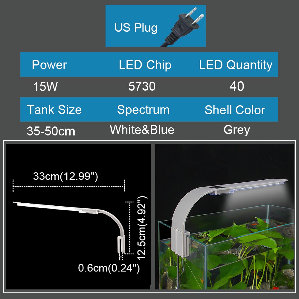 Senzeal Aquarium LED Beleuchtung Super Dünne X9 Clip-auf Aquarium Licht 15W 2000LM Hellsten Aquarium Lampe AU/EU/uns-stecker 110-240V: hell grau-uns-110V