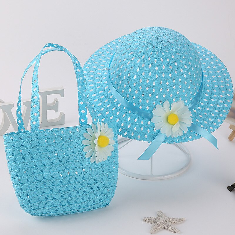 Straw Hat Summer Children Sun Flower Solid Color Lace Sun Hat Kids Sweet Bonnets Girl Beach Travel Hat Cap With Woven Basket
