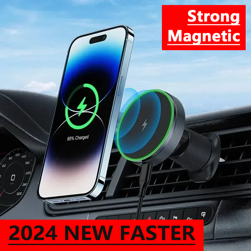 Cargador de coche inalámbrico magnético con luz LED, soporte para teléfono móvil, estación de carga rápida con imán para iPhone 16 15 14 13 12 Pro Max