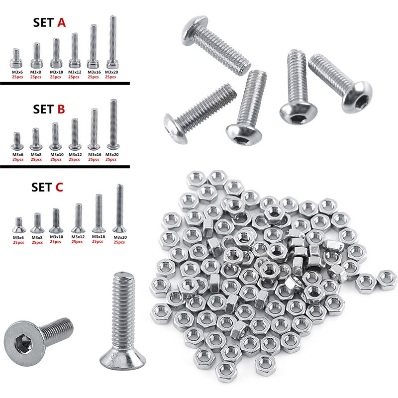 250pc/ sett  a2 rustfritt stål  m3 hette/knapper/flathodeskruer sett sekskantbolt med sekskantmutter sortimentsett