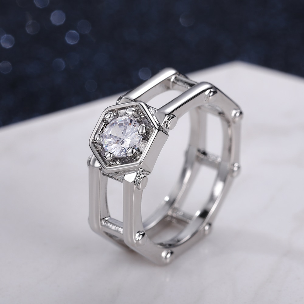 Huitan Modern Women Wedding Rings Geometric Shape Hollow Out Band Round Cubic Zirconia Stylish Versatile Female Jewelry