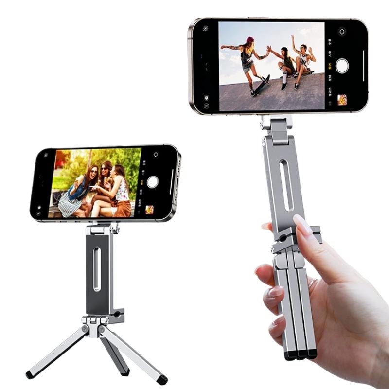 Foldable Magnetic Phone Tripod Holder, Aluminum Alloy Portable Stand for IPhone & Android Travel Video Shooting Desk/Plane Train