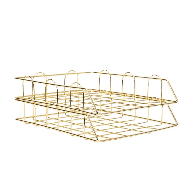 Ins Gold Metal File Tray Magazine Organizer Desk Set By Handmade Overlayable File Organizer Layering: 2 tray Yellow Gold