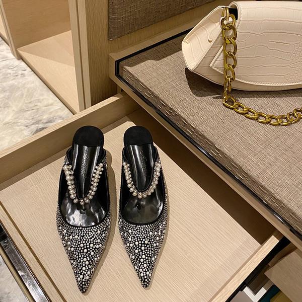 Female Shoes Med Pointed Toe Ladies' Slippers Mules For Women Thin Heels Summer Basic Rubber PU Slides Fabric Mules: 1 / 37