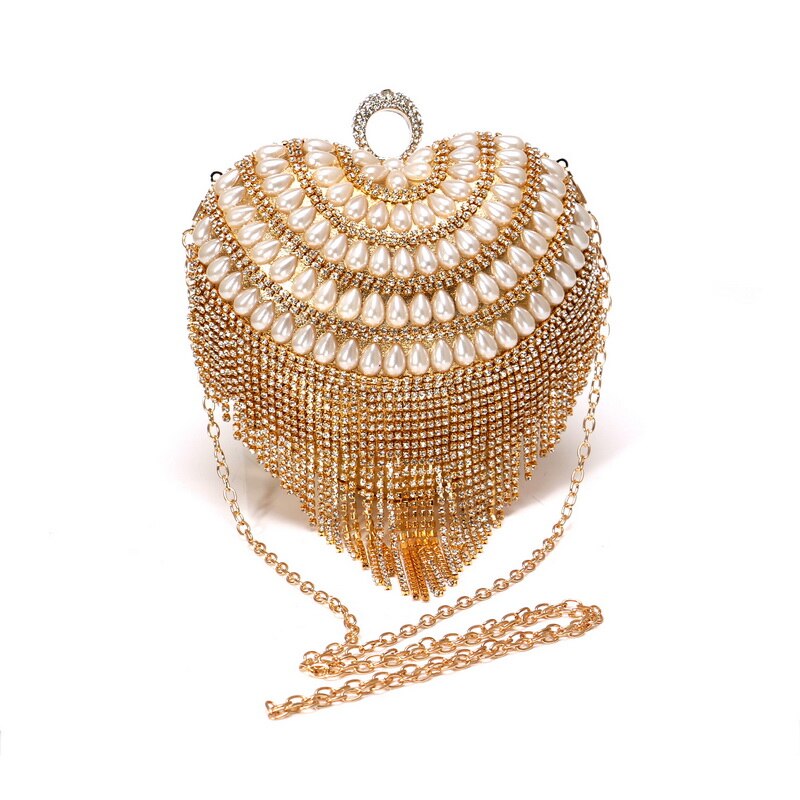 Small Clutches Women Tassel Heart Day Finger Ring Metal Crystal Evening Bags with Handle Beaded Purse Party