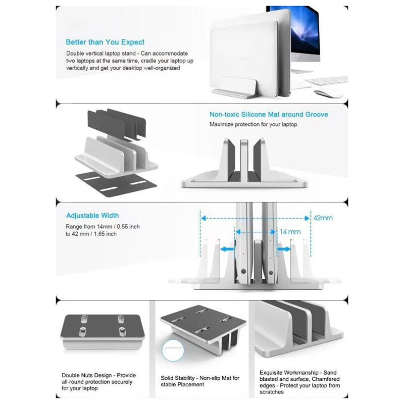Vertikalt laptopställ 2 in 1 stationär platsbesparande hållare tjocklek justerbar dockadräkt för alla macbook/ytor