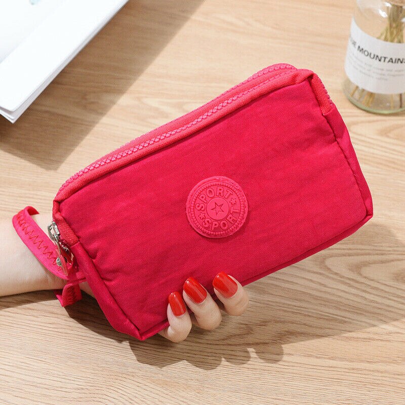 UK Womens Simple Solid Phone Bag Short Wallet Three-Layer Zipper Purse Big Size Purse: Rose Red