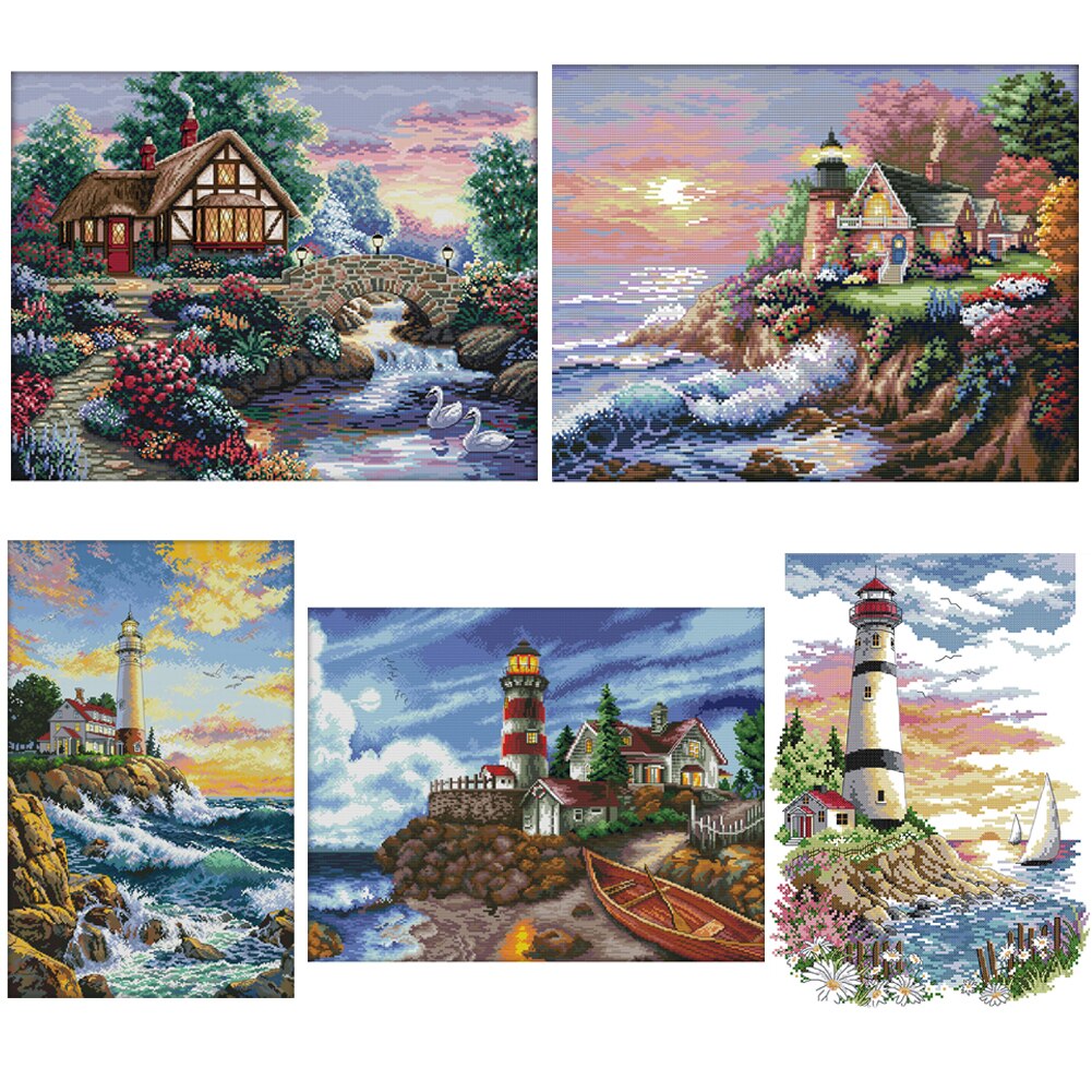 Handmade DIY Ecological Cotton Thread Stock Printing Cross Stitch Landscape Series Kit Family Decoration Painting