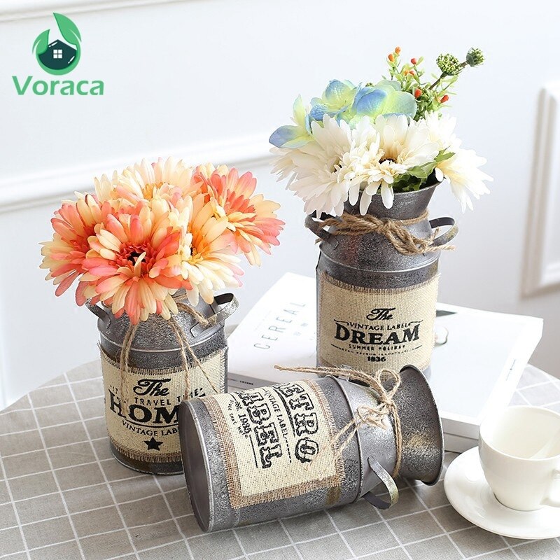 1pc shabby chic metall järn rustik vas mjölkburk heminredning europa stilar järn vas blomma för vas dekoration hem järn vas