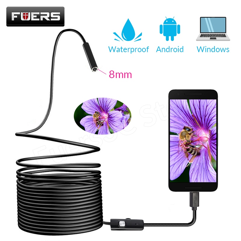 FUERS 8mm Endoskop Kamera 1080P USB Endoskop 6 LED 1/1.5/2/3.5/5M Sanft/schwer Wasserdicht Inspektion Endoskop für Android PC