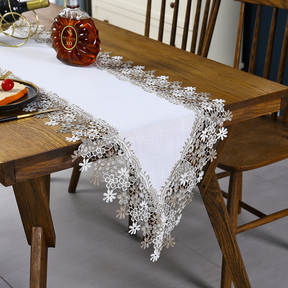 Lace Embroidered Table-runner Decorative Cotton Linen White Lace Embroidery Table Runner: 40x120cm / white