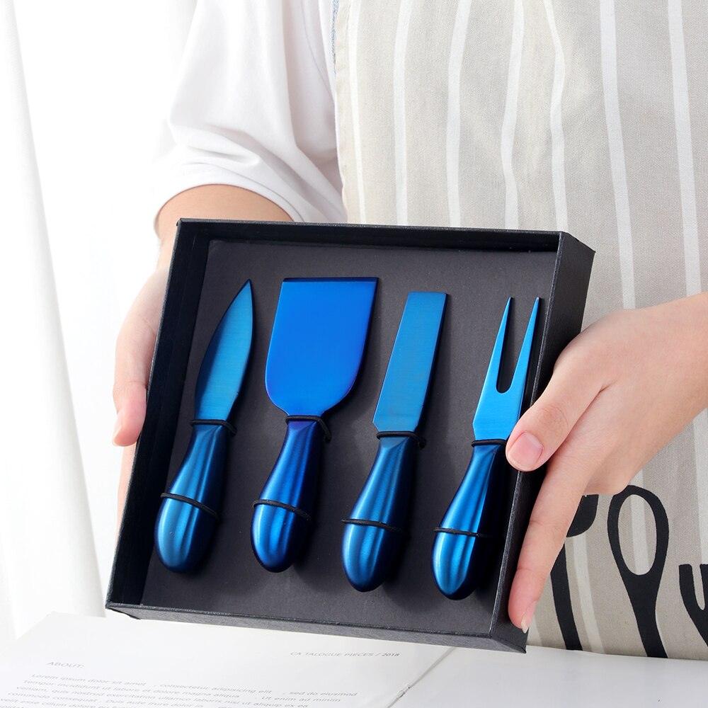 Outil à fromage en or, trancheur, couteau râpes à fromage, outils de cuisine, spatule à gâteau, couteau à beurre, ensemble de 4 pièces: Blue with box