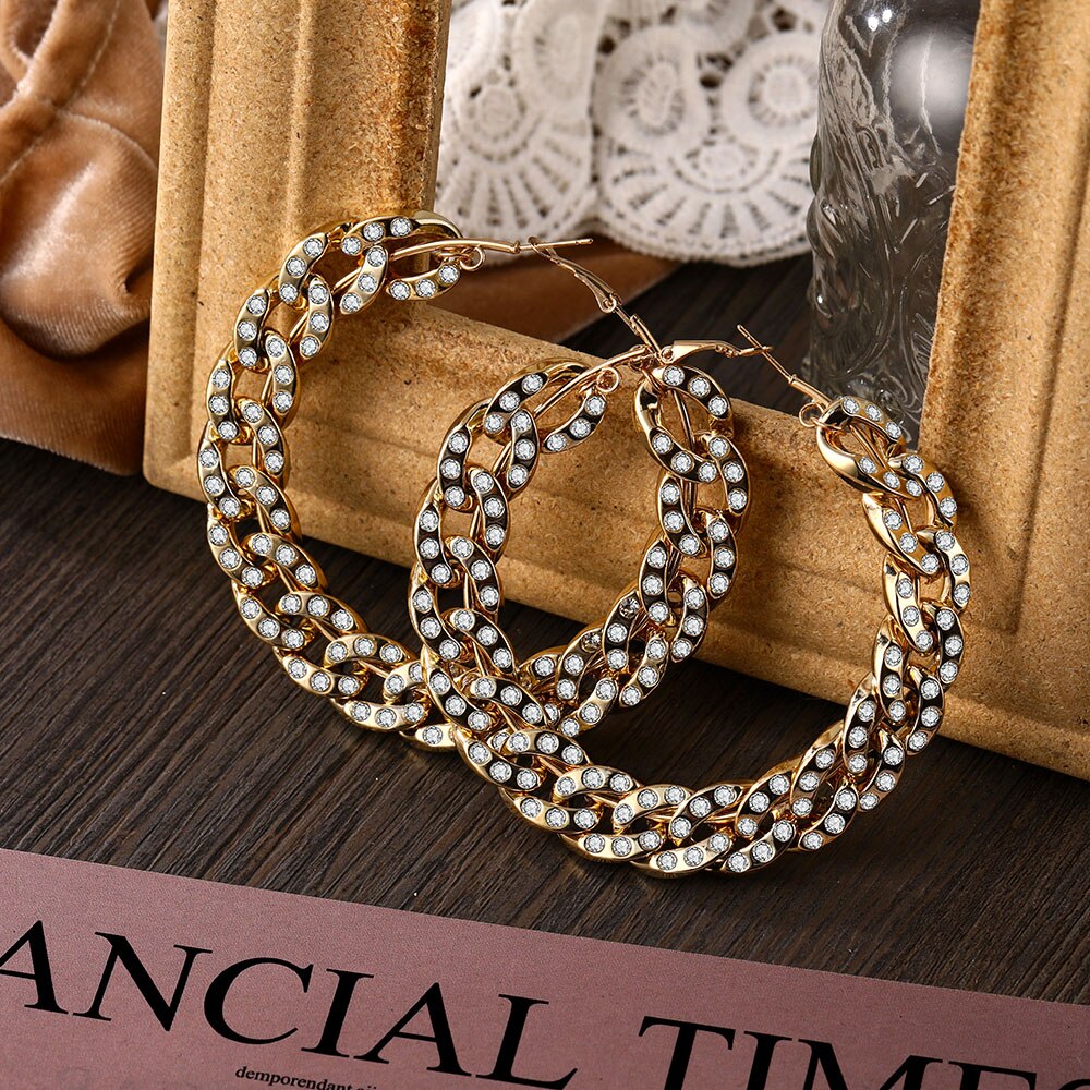 IPARAM Punk Gold Crystal Big Circle Hoop Earrings Retro Twist Geometric Circle Metal Earrings Statement Female Gothic Jewelry