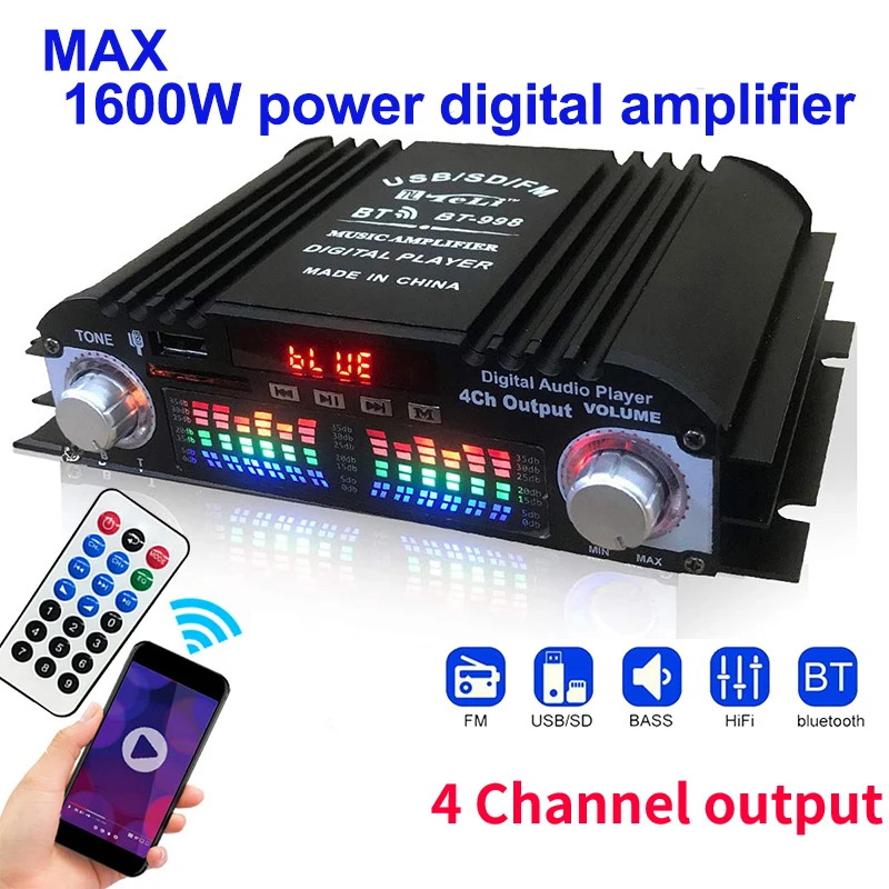 1600W moc szczytowa wzmacniacz dźwięku HiFi cyfrowy 4-kanałowy wzmacniacz audio Bluetooth odtwarzacz karaoke radio FM obsługa pilota