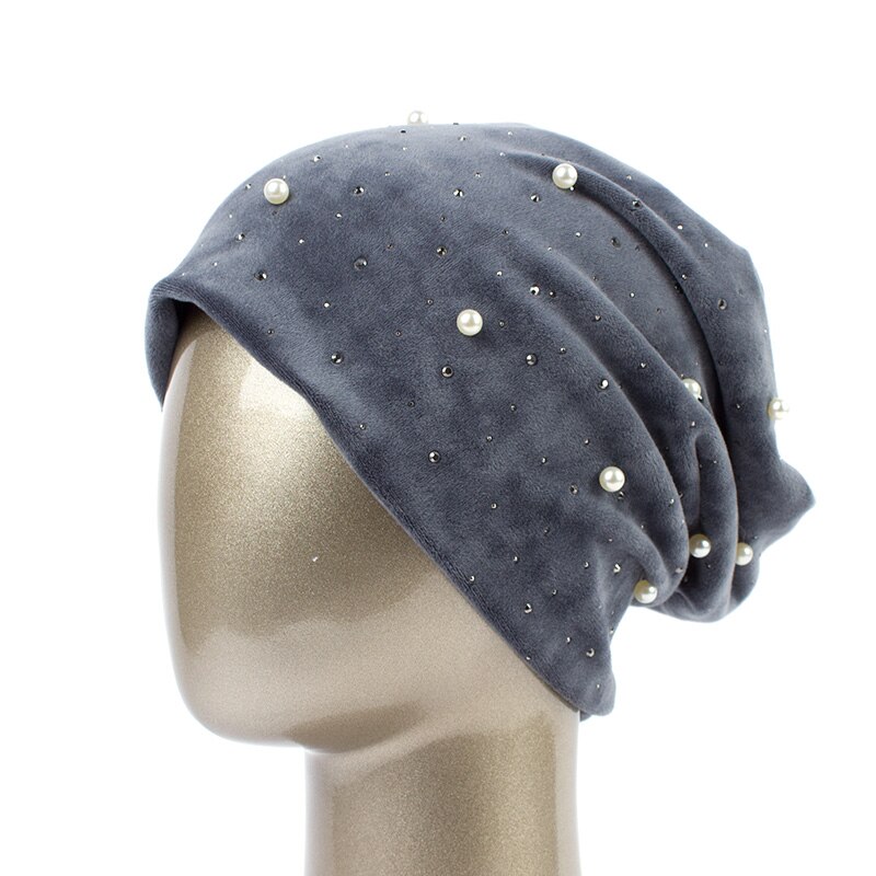 Czapka damska geebro nowe damskie Skullies modne czapki perłbyć winnym cyrkonie luźna czapka czapka bez daszka kapelusz dla kobiet zimowe ciepłe czapki z miękkiego aksamitu: ciemny szary