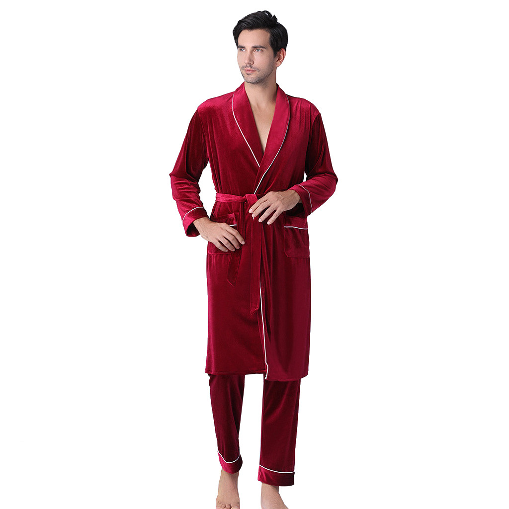 products Men's Long-sleeved Foreign Trade Home Service Gold Velvet Pajamas Suit Man woma: wine / L