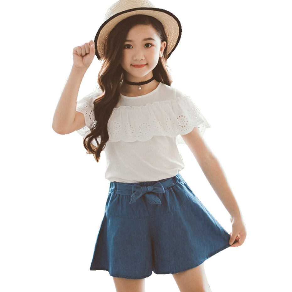 Kids Clothes Girls Lace Tshirt + Skirt Teenage Girls Clothing Summer Girls Clothes Casual Style Kid Clothes 6 8 10 12 14