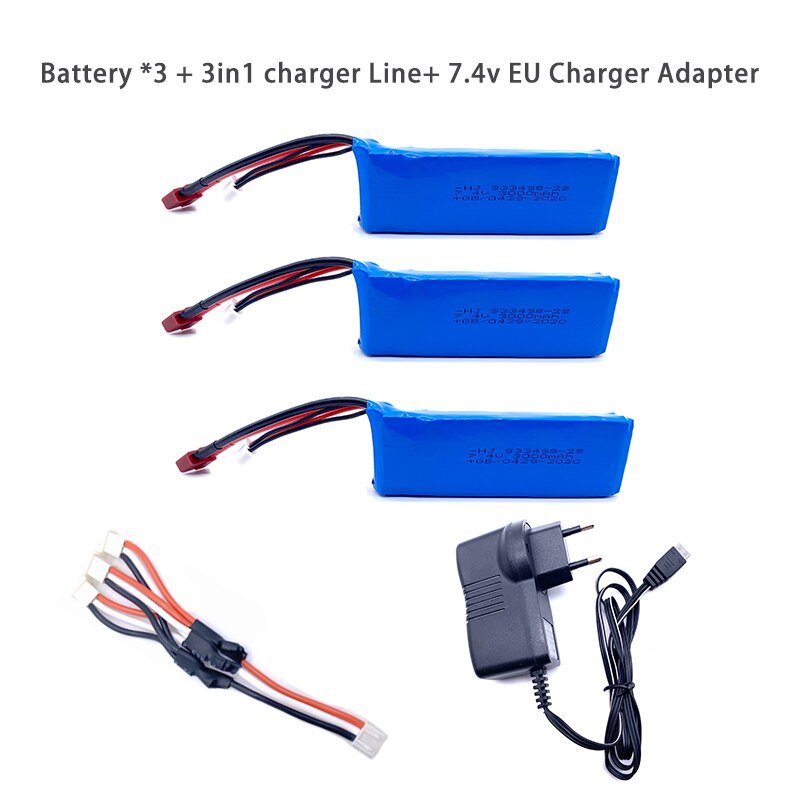 Aggiornamento 7.4V 3000mAh Lipo Batteria Per Wltoys 1/14 144001 RC Auto Giocattolo Pezzi di Ricambio 2s 7.4V batteria T Spina Per 144001 Parti di Batteria: 3Bat3in1LineEUCH