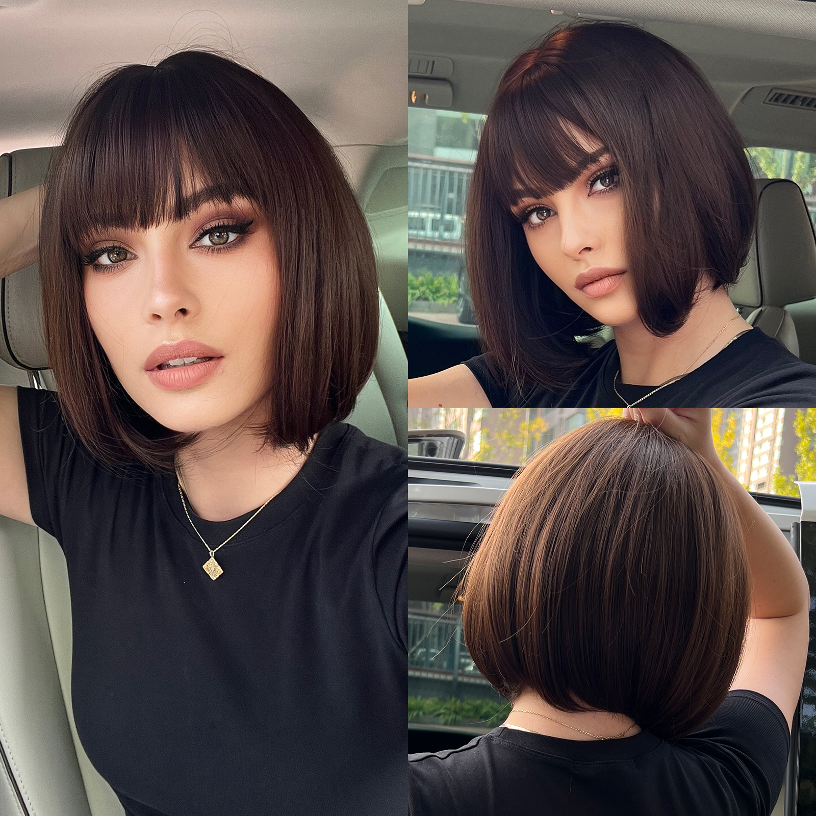 HENRY MARGU Bob perruques synthétiques courtes droites avec frange perruques de cheveux noirs pour les femmes perruques de fête Cosplay quotidiennes résistantes à la chaleur