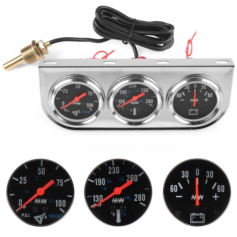 2inch 52mm Chrome Panel Oil Pressure Gauge Set 16" Gauge 0-80 PSI Water Temp Gauge Amp Meter Triple Gauge Set