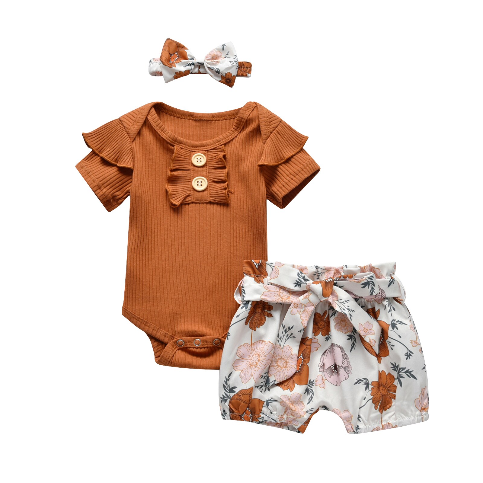 3 -teiliges sommer-kleidungsset für mädchen: einfarbiger kurzarmbody für neugeborene + kurze Hose mit blumenmuster + stirnband: Marineblau / 12m