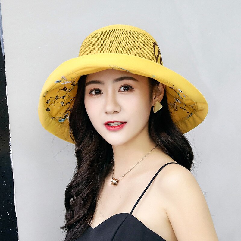 Fiskehatt koreansk tyghatt kvinnlig solkräm solhatt uv-skydd vikbar hatt med stor brätte vilda bokstäver rosa hatt hinkhatt: Gul