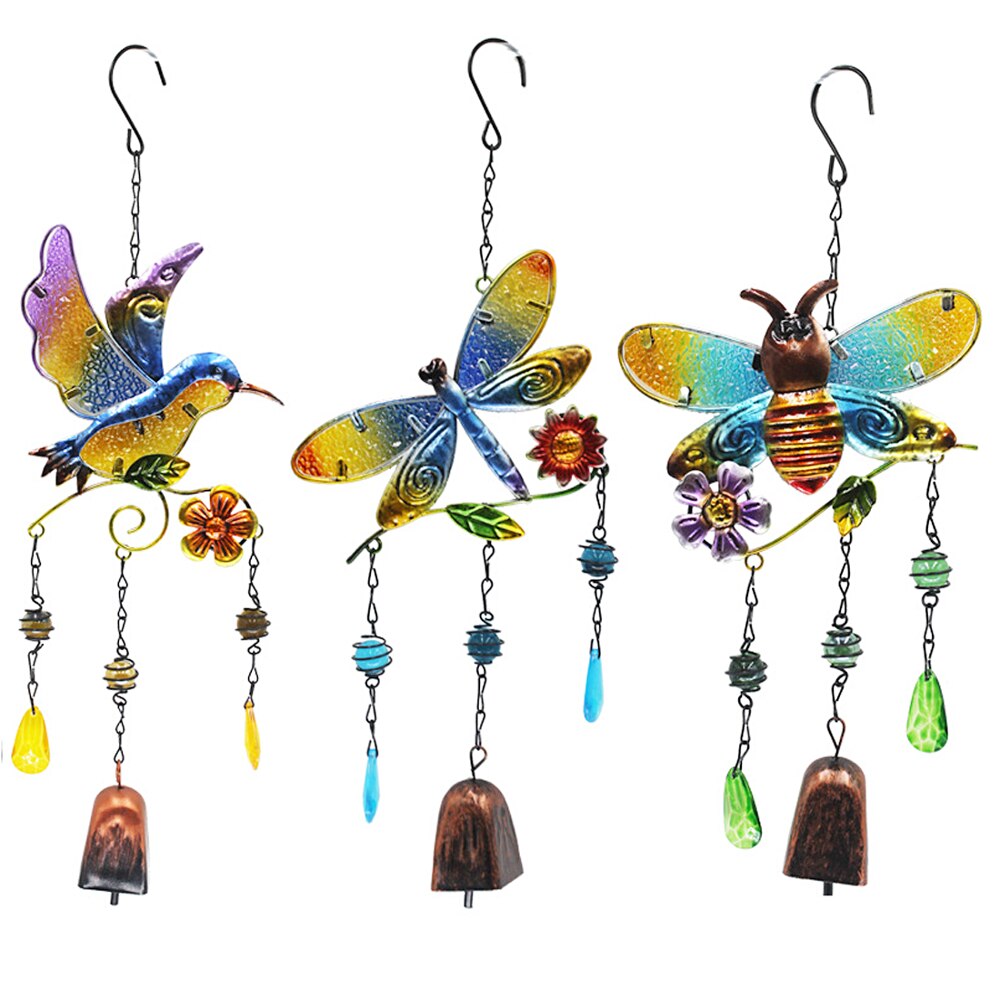 Hanging Dragonfly Garden Ornament With Bell - Bronze Metal Outdoor Decor 11 Inches Tall