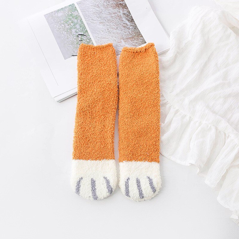 Calcetines de lana de Coral para mujer, medias de tubo Kawaii, con garras de gato, gruesos y cálidos para dormir, para otoño e invierno, 1 par, novedad: 3