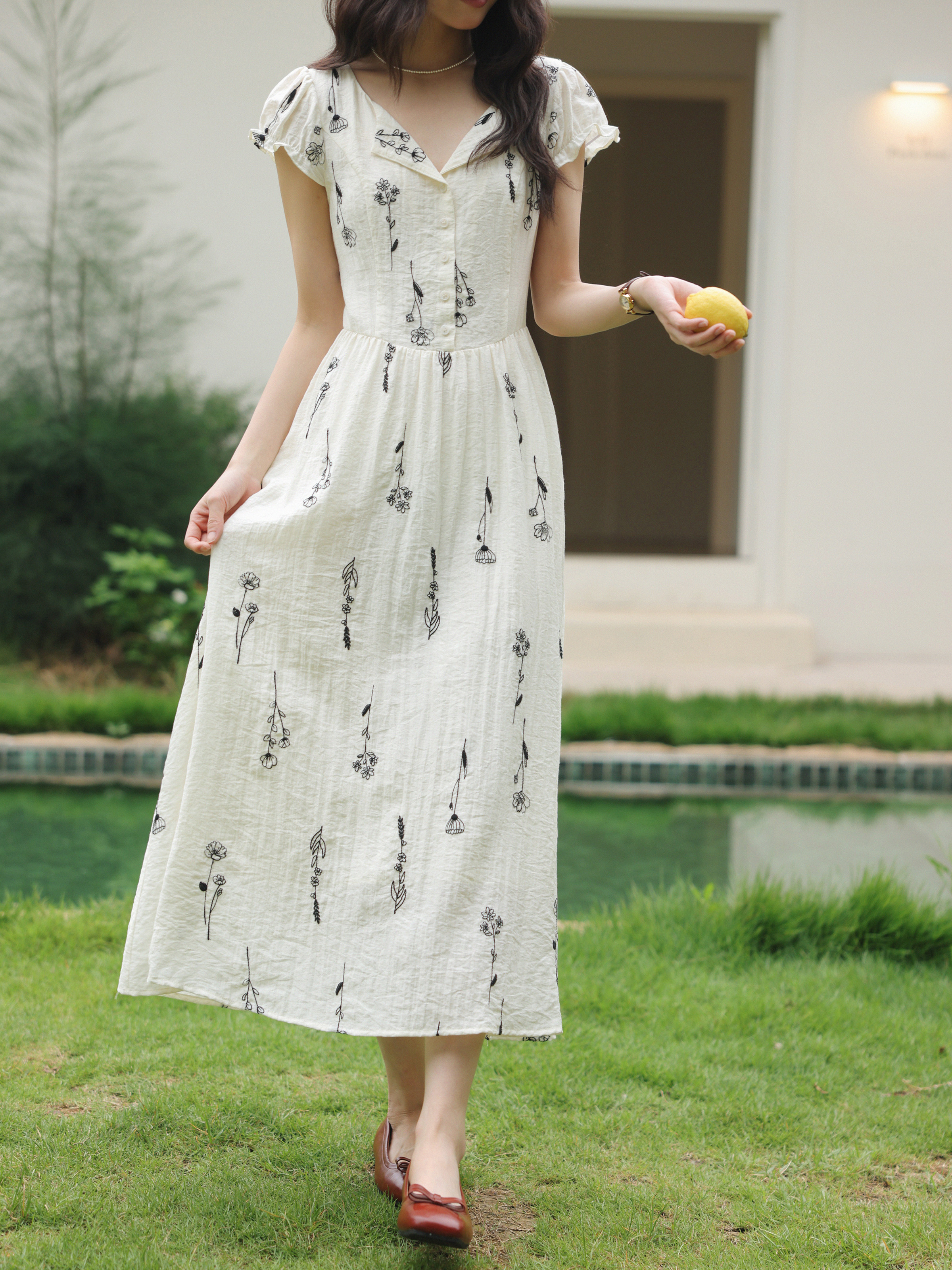 Vestido de lino bordado Floral francés para mujer, vestido largo acampanado de manga corta con cuello en V, vestido ligero con cintura, uso diario: S / Negro