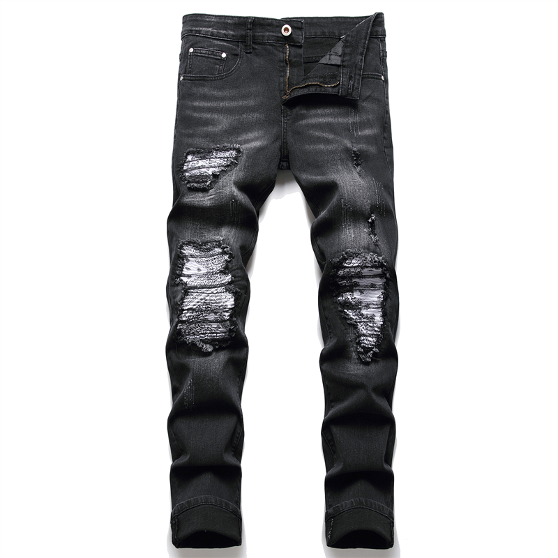 Pantalones vaqueros Retro azules rasgados para hombre, pantalones ajustados elásticos de , versátiles, con estampado de barba de gato: 6608 / 40