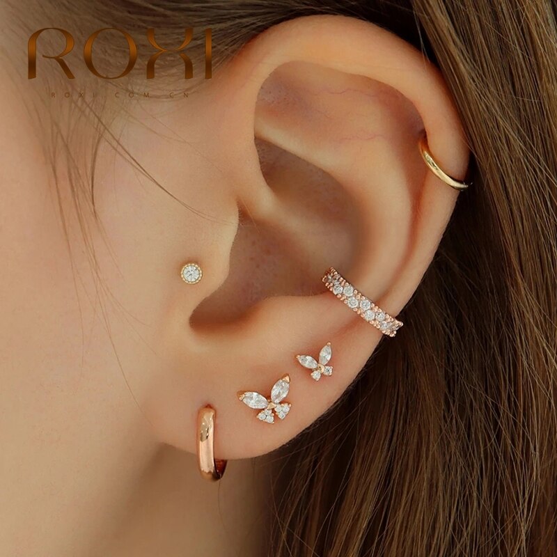 ROXI Butterfly Stud Earrings for Women 100% 925 Sterling Silver Small Cartilage Earring Fine Jewelry Brincos Animal Kolczyki