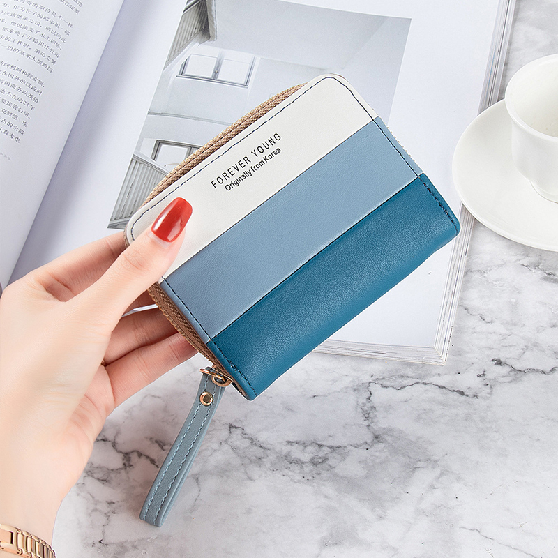 Geestock Short Wallet Women Zipper Purse Patchwork Wallets Coin Purse Multiple Card Slots Credit Card Holder PU Leather