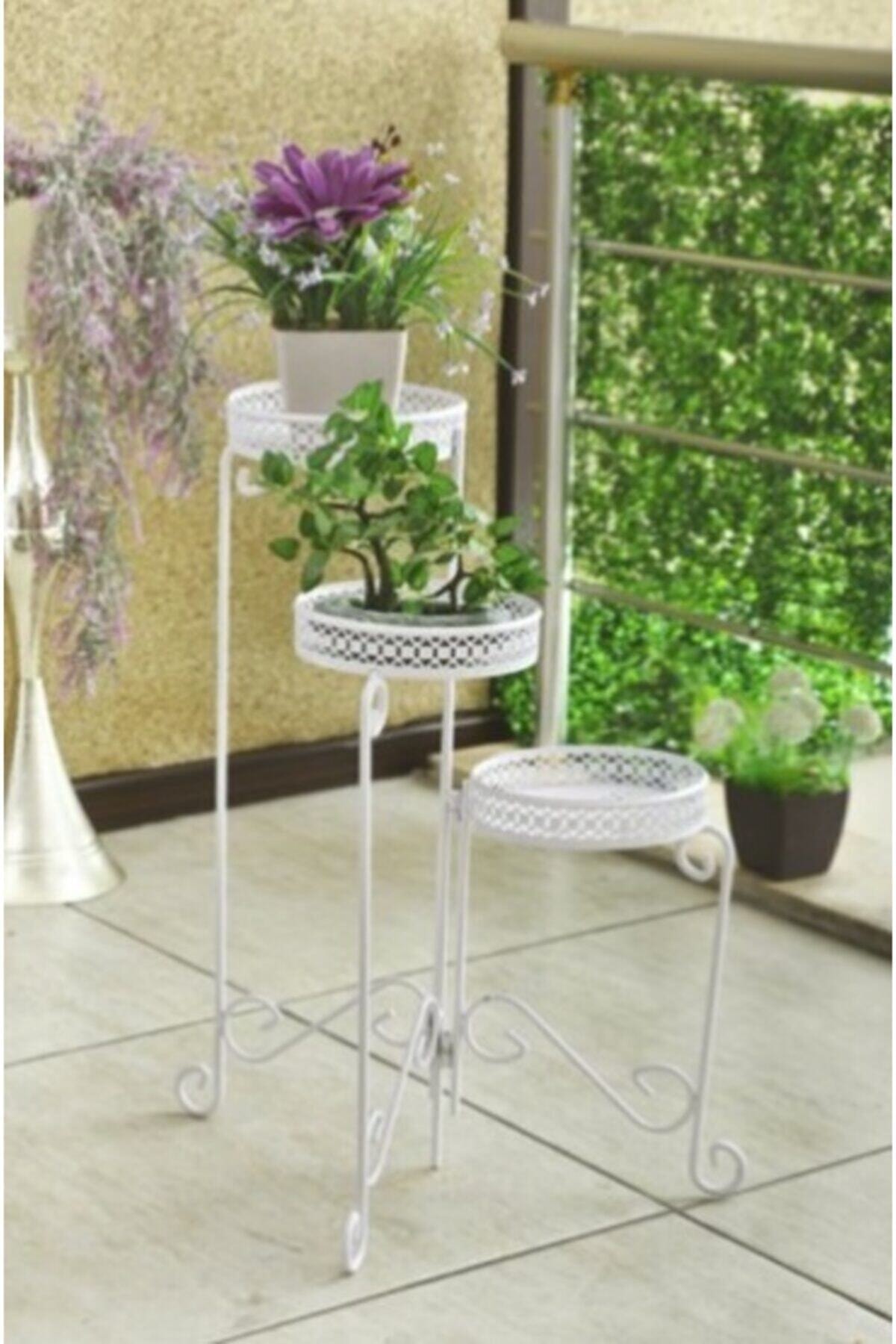 Decorative Wrought Iron 3 Layer Flower Bed Jardiniere white