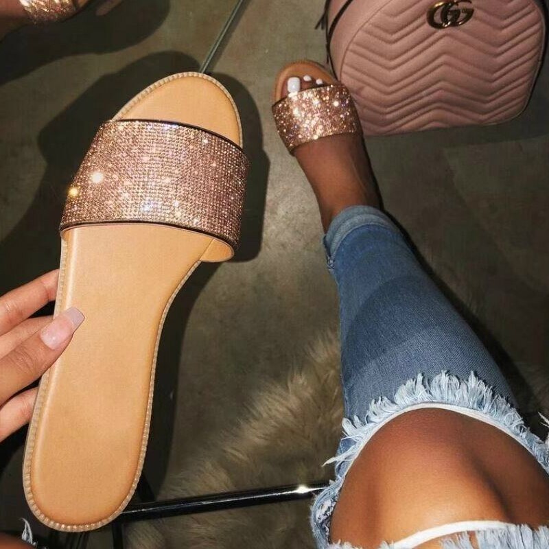 Summer Women Sandals Crystal Slippers Glitter Flat Bling Female Candy Color Flip Flops Outdoor Ladies Slides Beach Shoes: Gold / 39