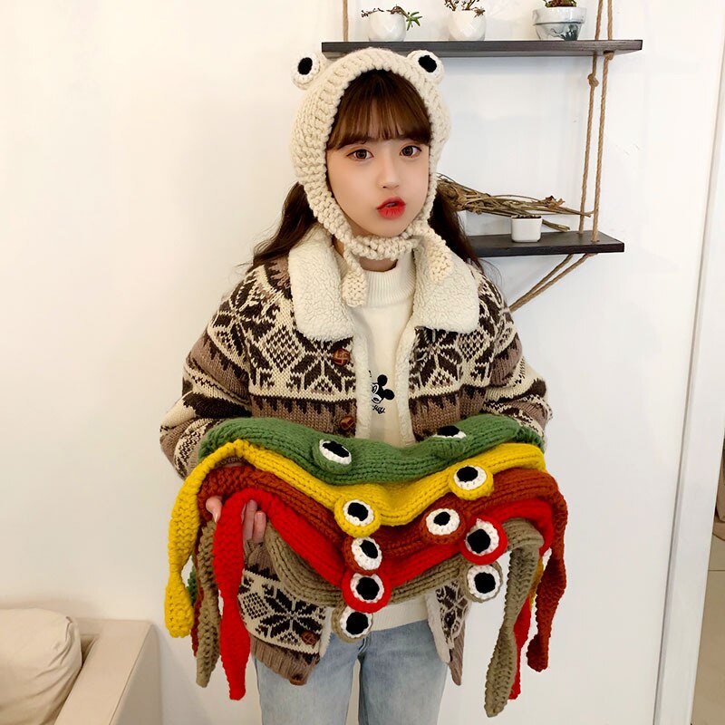 Cute Big Eyes Frog Hat Woman Woolen Knitted Hat Outdoor Hat Short Winter Children Long Hat Korean Student Hat Christmas
