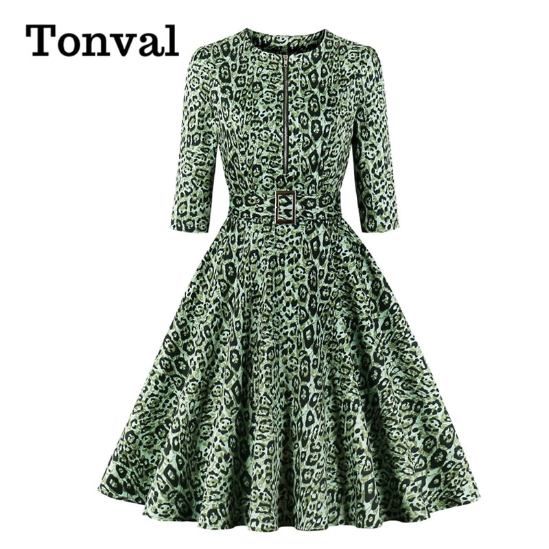 Tonval lynlås foran leopardprint rockabilly kvinder vintage kjole 3/4- lange ærmer efterår bomuldskjoler med bælte