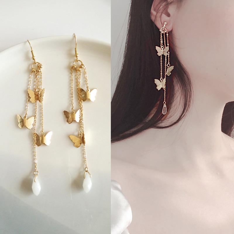 Korean Style Retro Super Fairy Butterfly Tassel Long Clip on Earrings No Hole Temperament Butterfly Female Earrings No Piercing