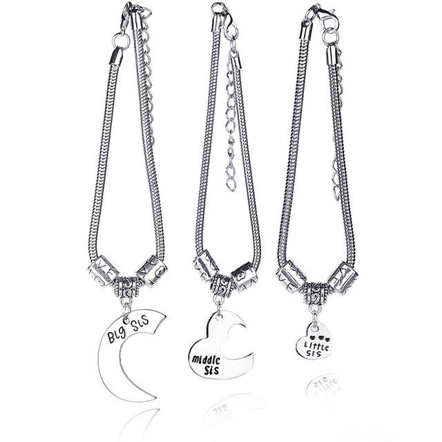 Juego de 3 piezas de pulseras para hermanas, colgante de corazón para hermanas grandes, medianas y pequeñas, cadena de mano de Metal de amistad, joyería de para chica: VERMEIL
