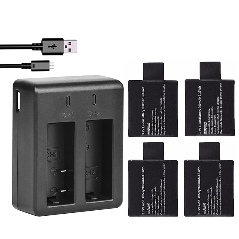 Sjcam  sj4000 900 mah 3.7v Dobbel havn batterilader eken  h9 git -lb101 git batteri  sj5000 sj6000 sj7000 sj8000 sj9000 batteri: 4 batterier og lader