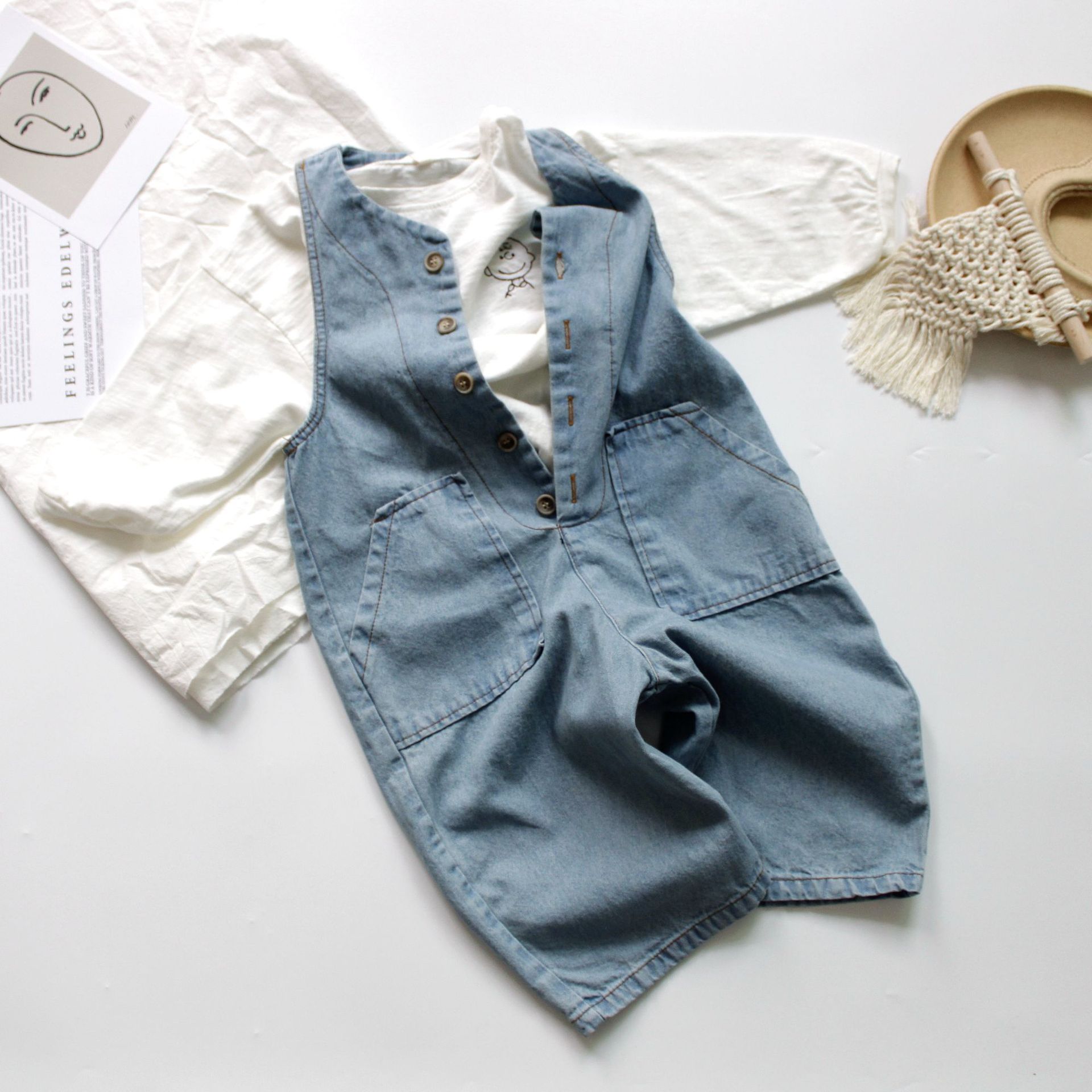 Lente Zomer Kinderen Denim Jumpsuits Koreaanse Stijl Losse Retro Mouwloze Unisex Kids Overalls Zachte Casual Broek