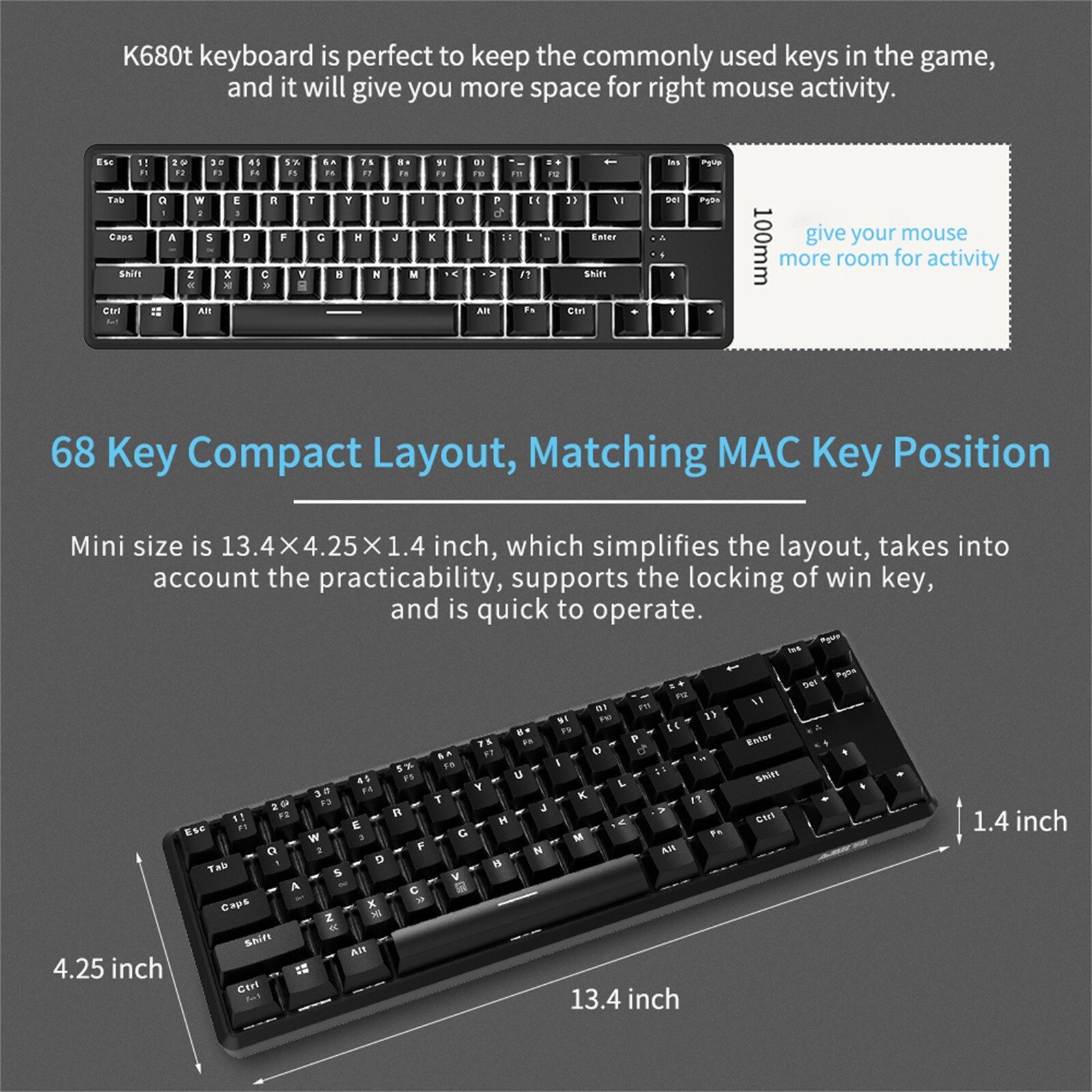 K680t Bluetooth Dual Mode68 Keys Cyan Switch LED Backlight Mechanical Keyboard Gaming Keyboards for Tablet Desktop Mechanical