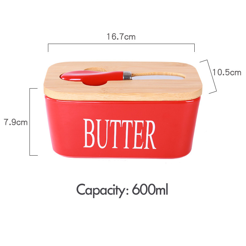Ceramic Wooden Butter Box Cheese Tray Rectangular White Dish with Lid Oil Container for Butter Keeps Butter Storage Case Jar: Red