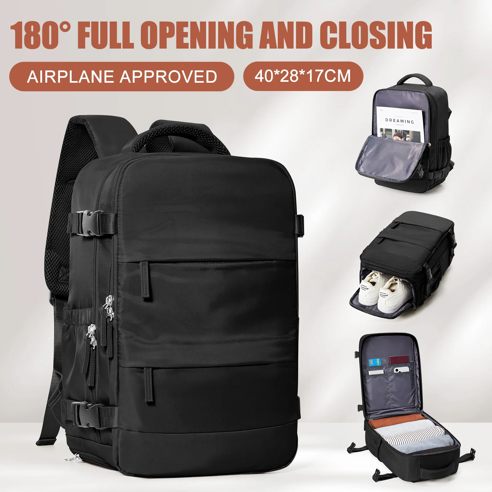 Women Men Hand Luggage Backpack Business Laptop Bag College Travel Backpack Waterproof Carry on Cabin Backpack Wizzair 40x30x20: black