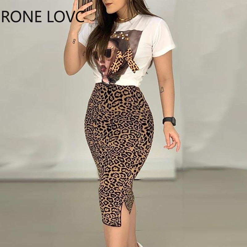 Top estampado de manga corta para mujer, falda con abertura de leopardo, conjunto informal de 2 piezas