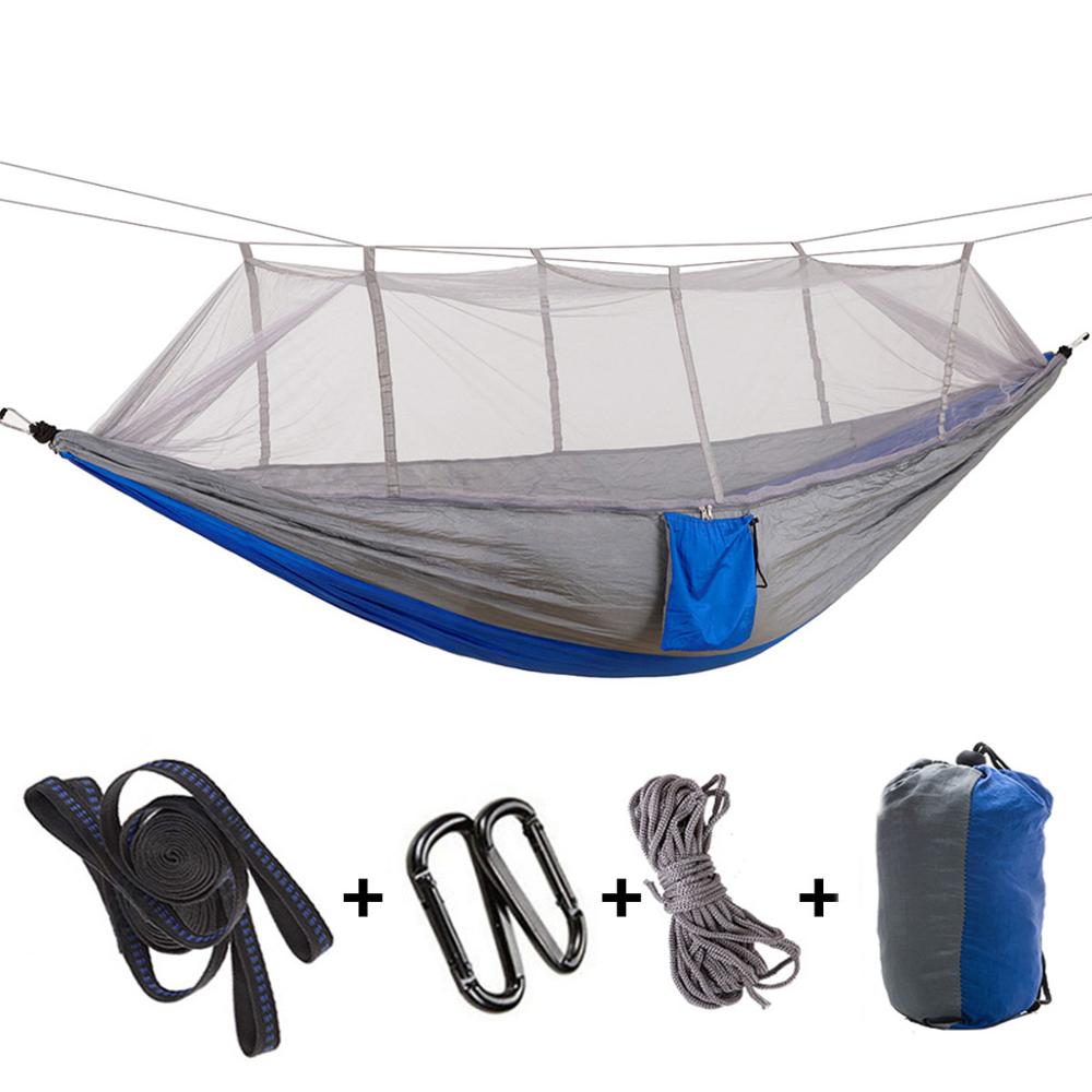 1-2 Person 260*140cm Camping Hammock Outdoor Mosquito Bug Net Portable Parachute Nylon Hammock for Sleeping Travel Hiking: blue and grey