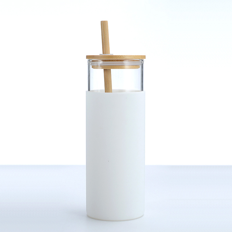 500ml bärbara silikonglas bambu lock halm vattenkopp sport vattenflaska kaffekopp med sugrör utomhus resa hemmakontor: Vit